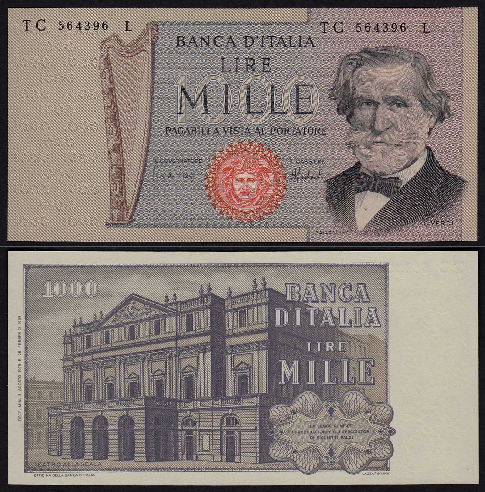 italien-italy-1000-lire-banknote-1975-aunc-pick-101d-21090