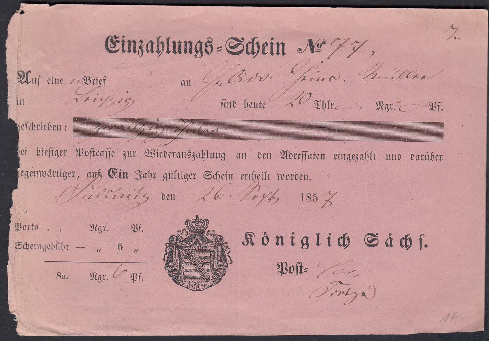 Sachsen 1857 Post Einlzahlungs Schein Thaler Leipzig Pulnitz Ebay